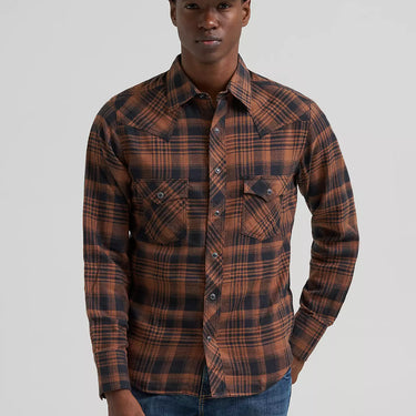 Wrangler® Men's Retro® Long Sleeve Flannel Western Snap Plaid Shirt (Sable) Size L