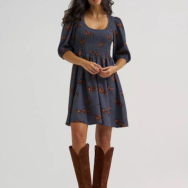 Wrangler Women's Smocked Puff-Sleeve Babydoll Dress (Blue) Size L