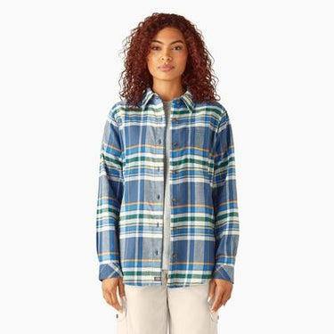 Dickies Women's Plaid Flannel Long Sleeve Shirt (Dark Denim) Size 2XL