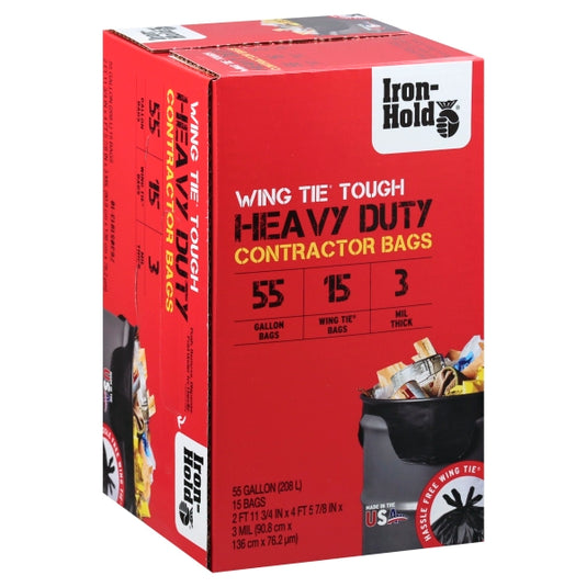 Iron-Hold 55 Gal Contractor Bags Wing Ties 15 Pk 3 Mil