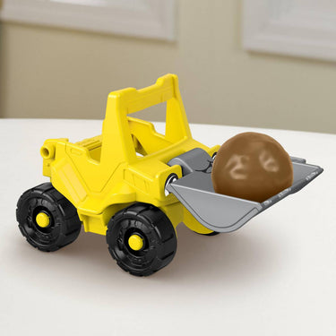 Little People yellow bulldozer carrying the boulder piece in its loader