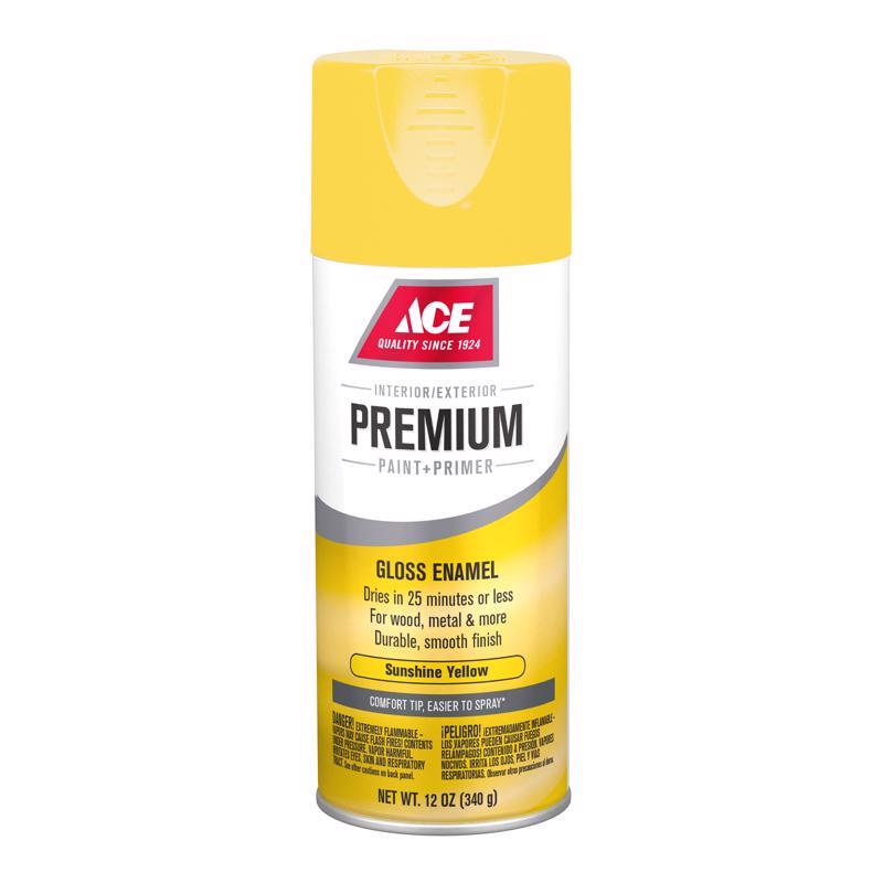 Load image into Gallery viewer, Ace Premium Gloss Sunshine Yellow Paint + Primer Enamel Spray 12 oz
