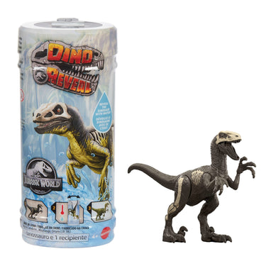 Dino Reveal tube pack shown next to a raptor figure in its skeleton design