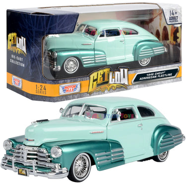 Get Low Series 1948 Chevrolet Aerosedan Fleetline Lowrider 1:24 Diecast Model Two-Tone Green