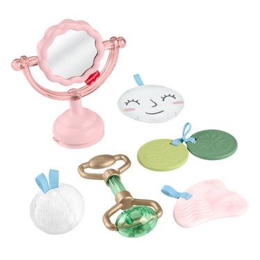 All six Mini Me Moments pieces: mirror, face mask, cucumber slices, puff, face roller and gua sha teether