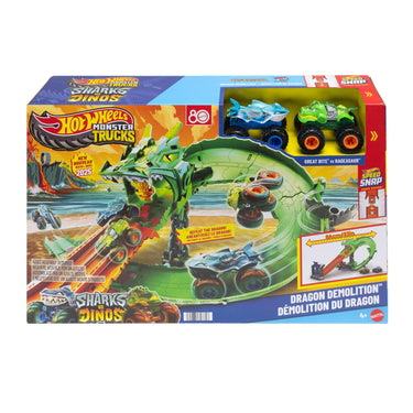 Hot Wheels Monster Trucks Sharks vs Dinos Dragon Demolition playset in its retail box