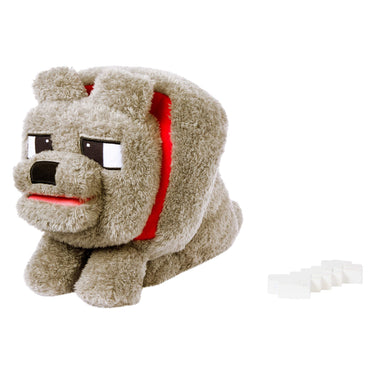 Front view of the Minecraft Food Mode Dennis wolf plush with red collar and bone accessory