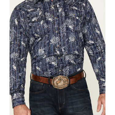 Wrangler Men's Retro Premium Western Snap Print Shirt (Indigo Paisley) Size L