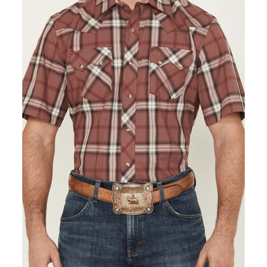 Wrangler Retro Men's Plaid Print Short Sleeve Snap Western Shirt (Burgundy) Size L