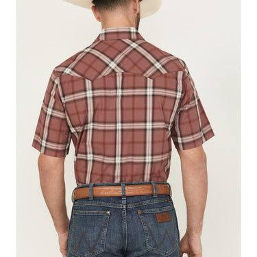 Wrangler Retro Men's Plaid Print Short Sleeve Snap Western Shirt (Burgundy) Size L