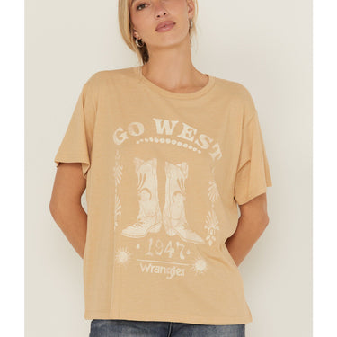 Wrangler Women's Go West Short Sleeve Girlfriend Graphic Tee (Mustard) Size M