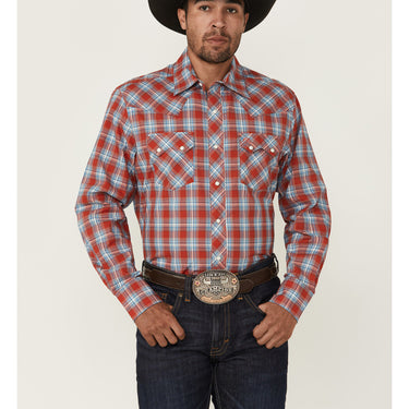 Wrangler Retro Men's Plaid Print Snap Western Shirt (Red) Size XL