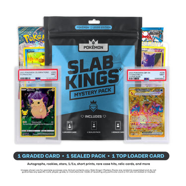 Slab Kings Plus Pokémon Mystery Pack with example contents: one graded card, one sealed booster pack and one top loader card