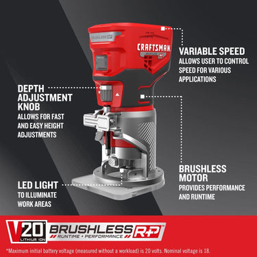 CRAFTSMAN V20 Cordless Fixed Base Router Tool Only