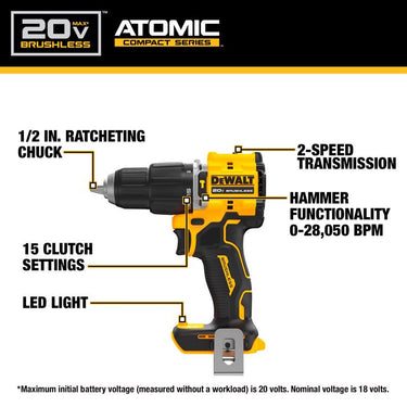 DeWalt 20V MAX Atomic 1/2 in. Brushless Cordless Hammer Drill Tool Only