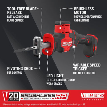 CRAFTSMAN V20 RP Cordless Brushless Compact Reciprocating Saw Tool Only
