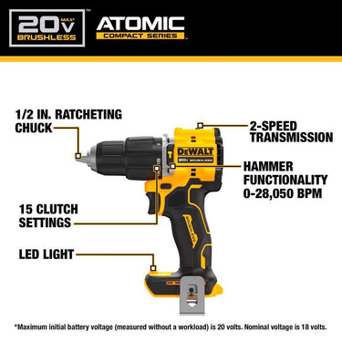 DeWalt 20V MAX Atomic Cordless Brushless 2 Tool Compact Hammer Drill and Impact Driver Kit