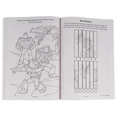 Inside pages showing a Toy Story coloring page and an activity