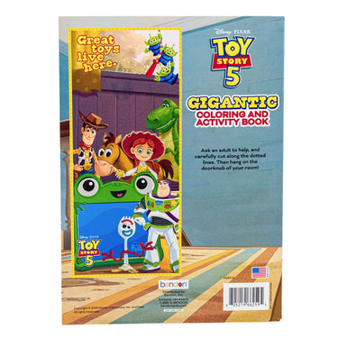 Back cover of the Toy Story 5 coloring book with the bonus door hanger