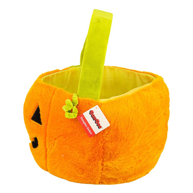 Side of the pumpkin plush basket showing its tag