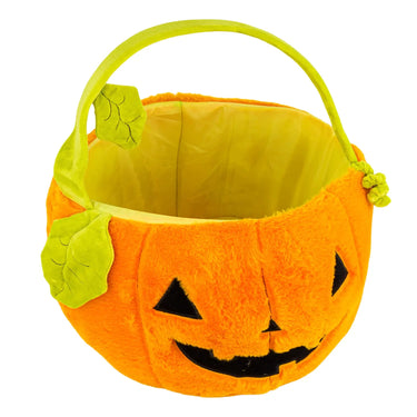 Pumpkin plush basket shown at an angle with leaf detail