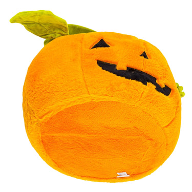 Pumpkin plush basket lying on its side with the handle folded