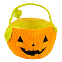 Orange plush jack-o'-lantern pumpkin basket with green handle