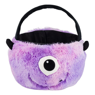 Purple fuzzy one-eyed monster plush basket with black handle