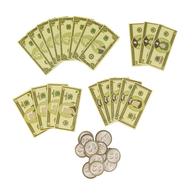 Play money bills and coins included with the playset