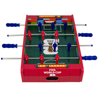 Top view of the FIFA tabletop foosball field with player rods