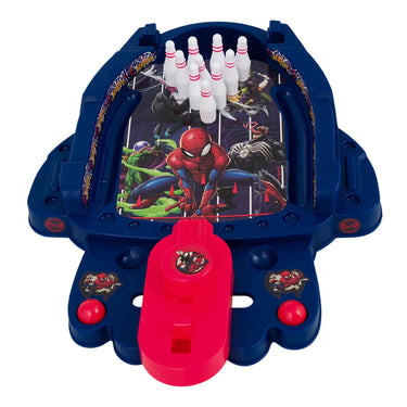 Top view of the Spider-Man tabletop bowling lane and pins