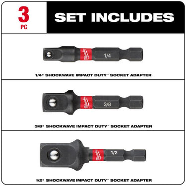 Milwaukee Shockwave Square 2 in. L Screwdriver Socket Adapter Steel 3 pc