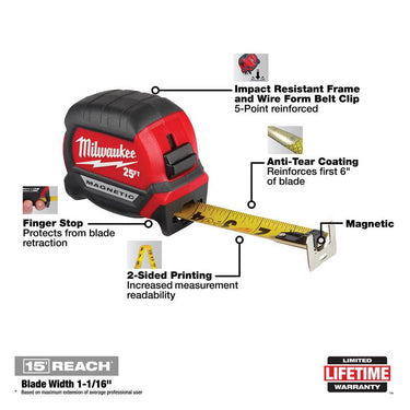 Milwaukee 25 ft. L X 1 in. W Compact Magnetic Tape Measure 1 pk