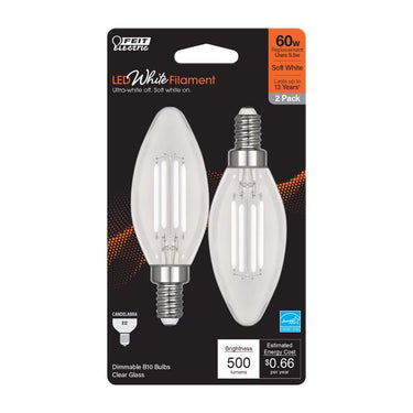 Feit White BA10 E12 (Candelabra) Filament LED Bulb Soft White 60 Watt Equivalence 2 pk