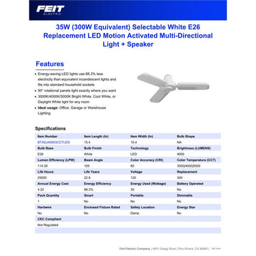 Feit Folding Panel E26 (Medium) LED Speaker Bulb Bright White 300 Watt Equivalence 1 pk