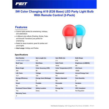 Feit A19 E26 (Medium) Party Bulb Color Changing 5 Watt Equivalence 2 pk