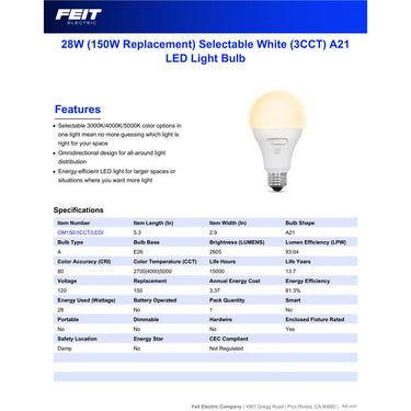 Feit A21 E26 (Medium) Smart-Enabled LED Bulb Adjustable White 150 Watt Equivalence 1 pk