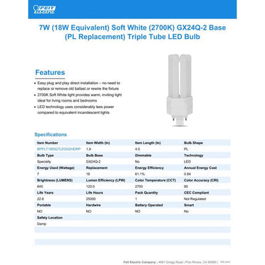 Feit Linear PL GX24Q-2 LED Bulb Soft White 18 Watt Equivalence 1 pk