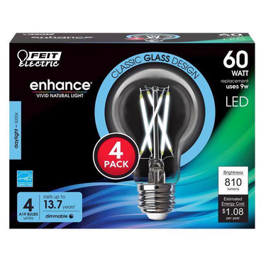 Feit Enhance A19 E26 (Medium) Filament LED Bulb Daylight 60 Watt Equivalence 4 pk