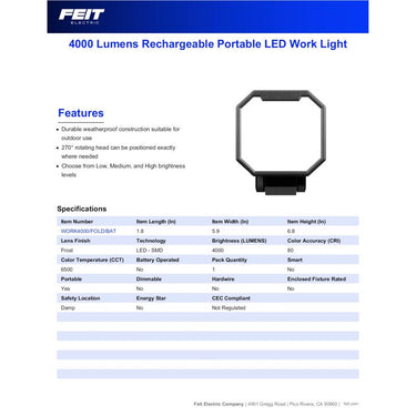 Feit 4000 lm LED Rechargeable Stand (H or Scissor) Folding Worklight