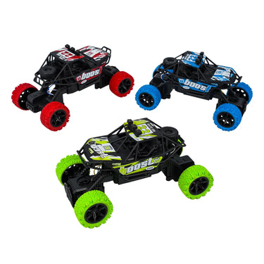 Three Climbing King RC rock crawlers in red, blue and green