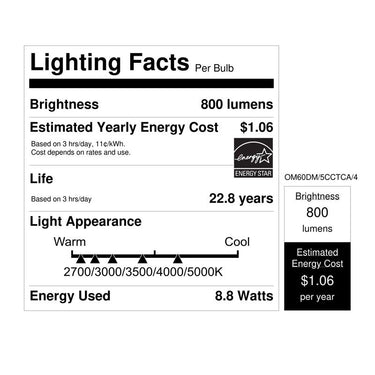 Feit A19 E26 (Medium) LED Bulb Adjustable White 60 Watt Equivalence 4 pk