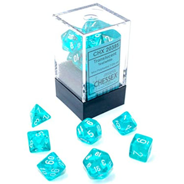 Chessex Dice Set – 10mm Translucent Teal/White Plastic Polyhedral Dice Set