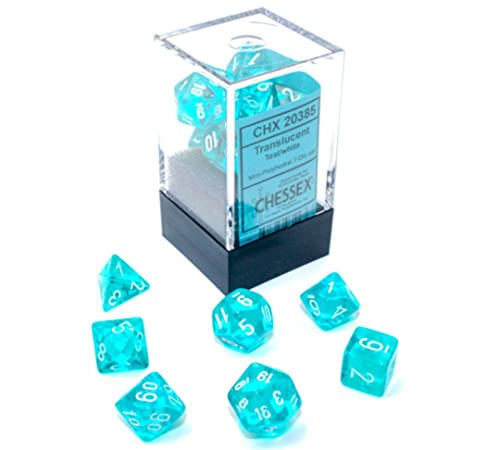 Chessex Dice Set – 10mm Translucent Teal/White Plastic Polyhedral Dice Set