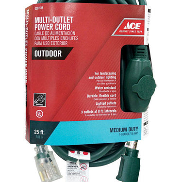 Ace Outdoor 25 ft. L Green Triple Outlet Cord 14/3 STW