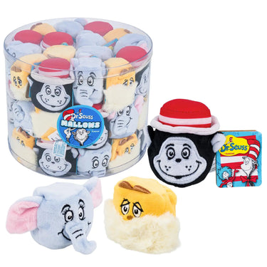 Display tub of Aurora Dr. Seuss Mallows plush with three characters in front