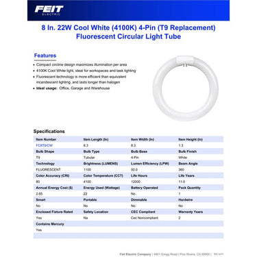 Feit Legacy Bulbs 22 W T9 8.3 in. D X 8.3 in. L Circline Fluorescent Bulb Cool White Circular 4100 K