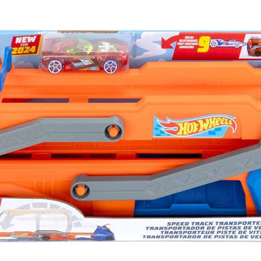 Hot Wheels City Speed Track Transporter orange and blue hauler in its retail box with one toy car