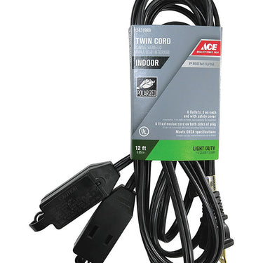 Ace Indoor 12 ft. L Black Extension Cord 16/2 SPT-2