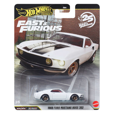 Hot Wheels Premium Fast & Furious 1969 Ford Mustang Boss 302 in white, in its blister card package